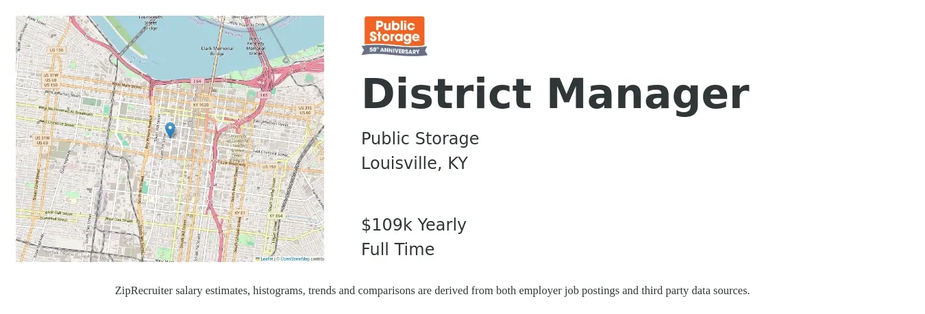Public Storage job posting for a District Manager in Louisville, KY with a salary of $109,000 Yearly with a map of Louisville location.