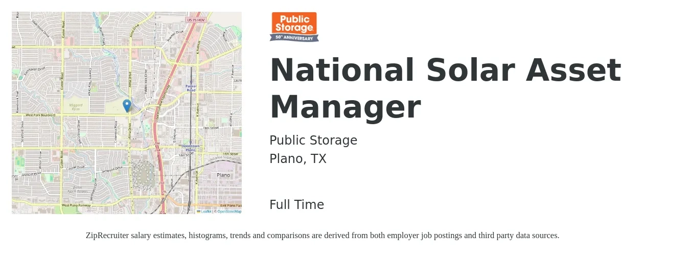 Public Storage job posting for a National Solar Asset Manager in Plano, TX with a salary of $71,300 to $104,300 Yearly with a map of Plano location.