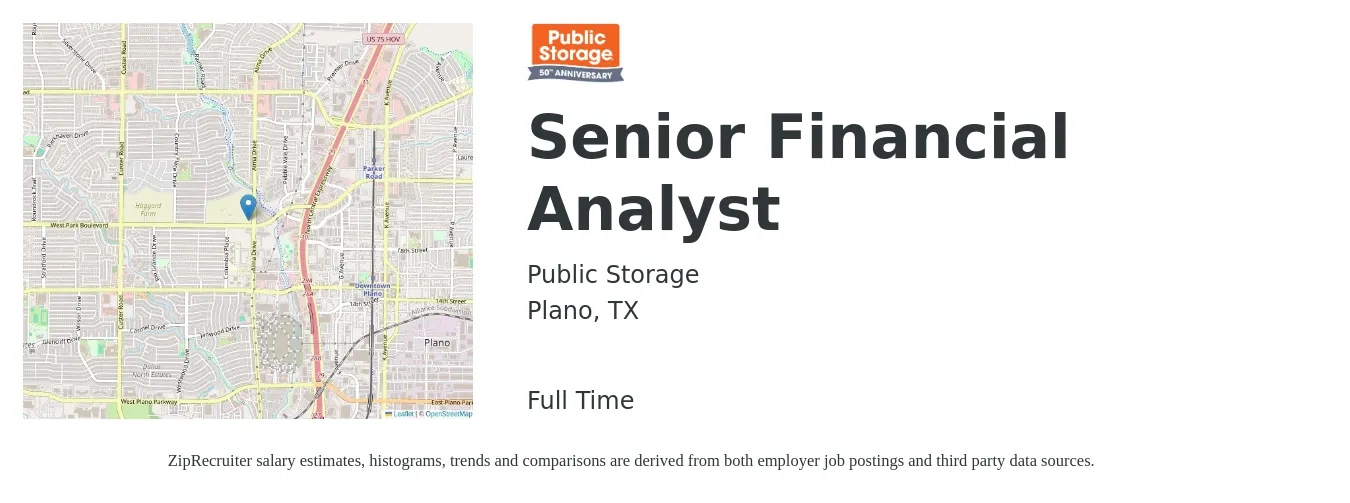 Public Storage job posting for a Senior Financial Analyst in Plano, TX with a salary of $81,800 to $101,900 Yearly with a map of Plano location.