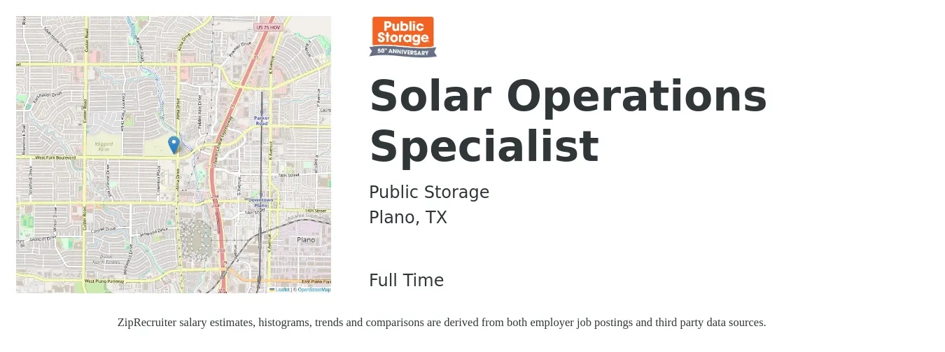 Public Storage job posting for a Solar Operations Specialist in Plano, TX with a salary of $45,900 to $78,000 Yearly with a map of Plano location.