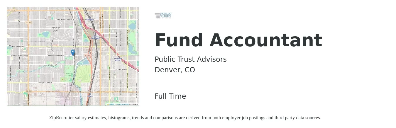 Public Trust Advisors job posting for a Fund Accountant in Denver, CO with a salary of $60,000 to $68,000 Yearly with a map of Denver location.