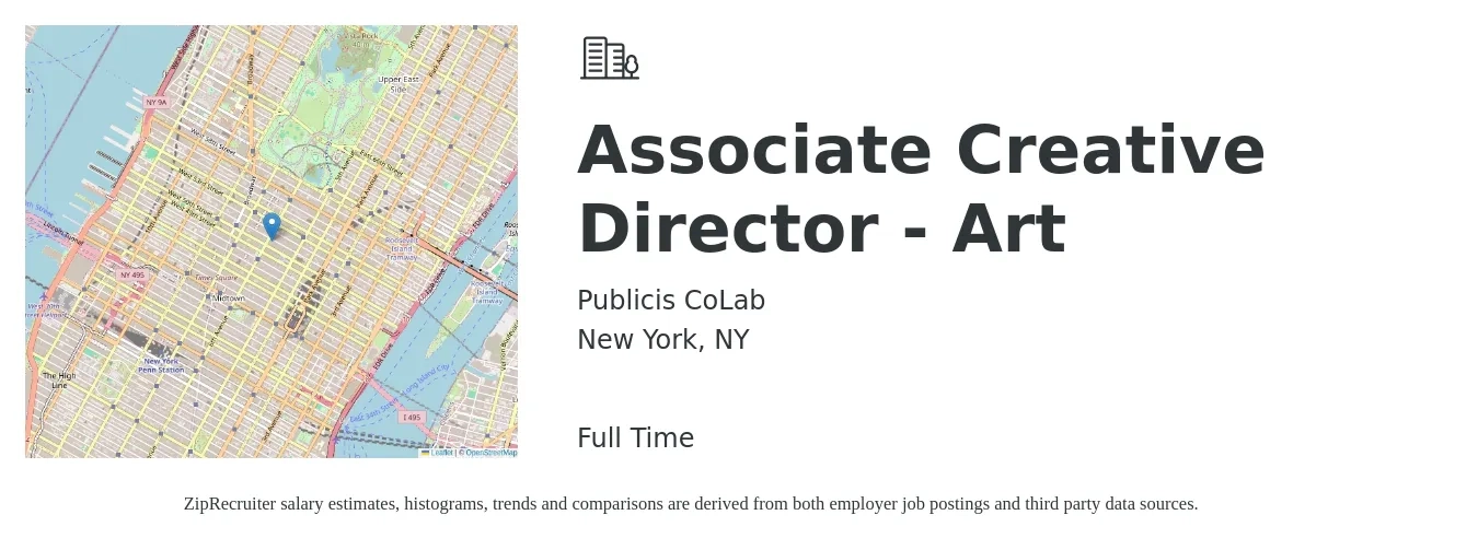 Publicis CoLab job posting for a Associate Creative Director, Art in New York, NY with a salary of $98,500 to $165,500 Yearly with a map of New York location.
