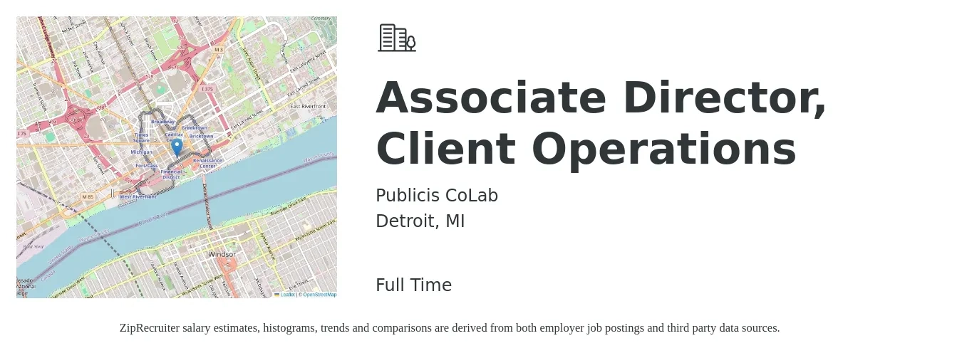 Publicis CoLab job posting for a Associate Director, Client Operations in Detroit, MI with a salary of $18 to $31 Hourly with a map of Detroit location.