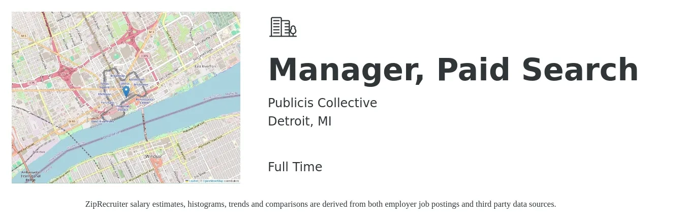 Publicis Collective job posting for a Manager, Paid Search in Detroit, MI with a salary of $62,900 to $90,600 Yearly with a map of Detroit location.