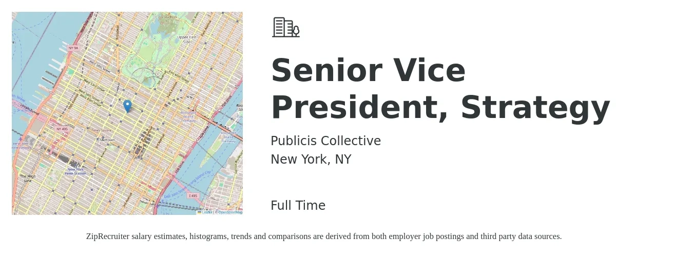 Publicis Collective job posting for a Senior Vice President, Strategy in New York, NY with a salary of $167,000 to $273,500 Yearly with a map of New York location.