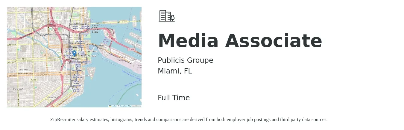 Publicis Groupe job posting for a Media Associate in Miami, FL with a salary of $39,700 to $57,900 Yearly with a map of Miami location.
