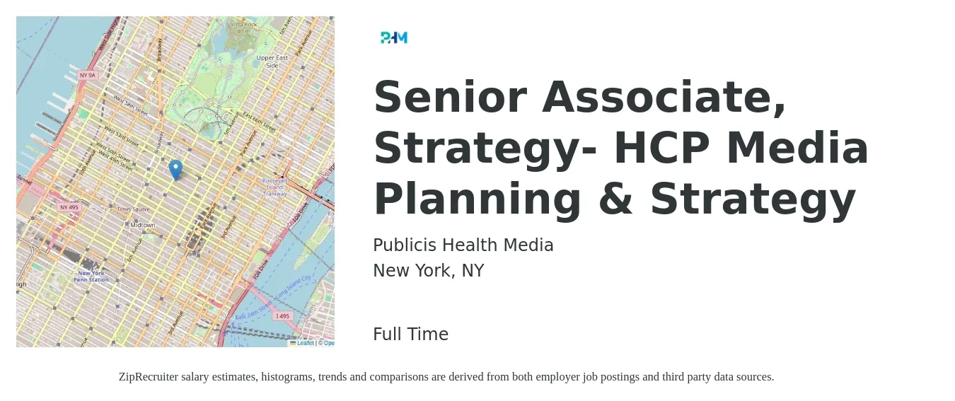 Publicis Health Media job posting for a Senior Associate, Strategy- HCP Media Planning & Strategy in New York, NY with a salary of $60,000 to $70,000 Yearly with a map of New York location.
