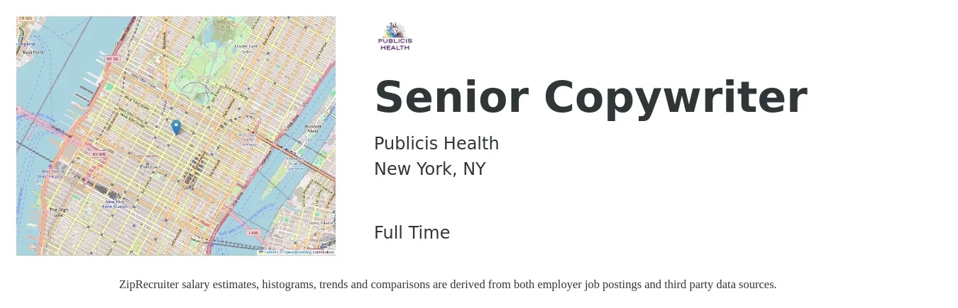 Publicis Health job posting for a Senior Copywriter in New York, NY with a salary of $73,500 to $123,500 Yearly with a map of New York location.