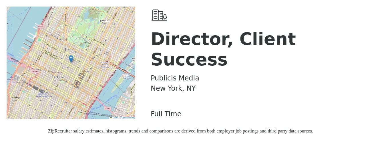 Publicis Media job posting for a Director, Client Success in New York, NY with a salary of $130,000 to $204,500 Yearly with a map of New York location.