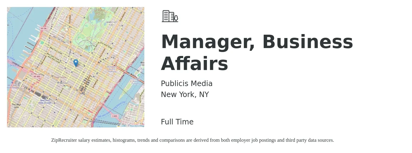 Publicis Media job posting for a Manager, Business Affairs in New York, NY with a salary of $70,000 to $110,000 Yearly with a map of New York location.