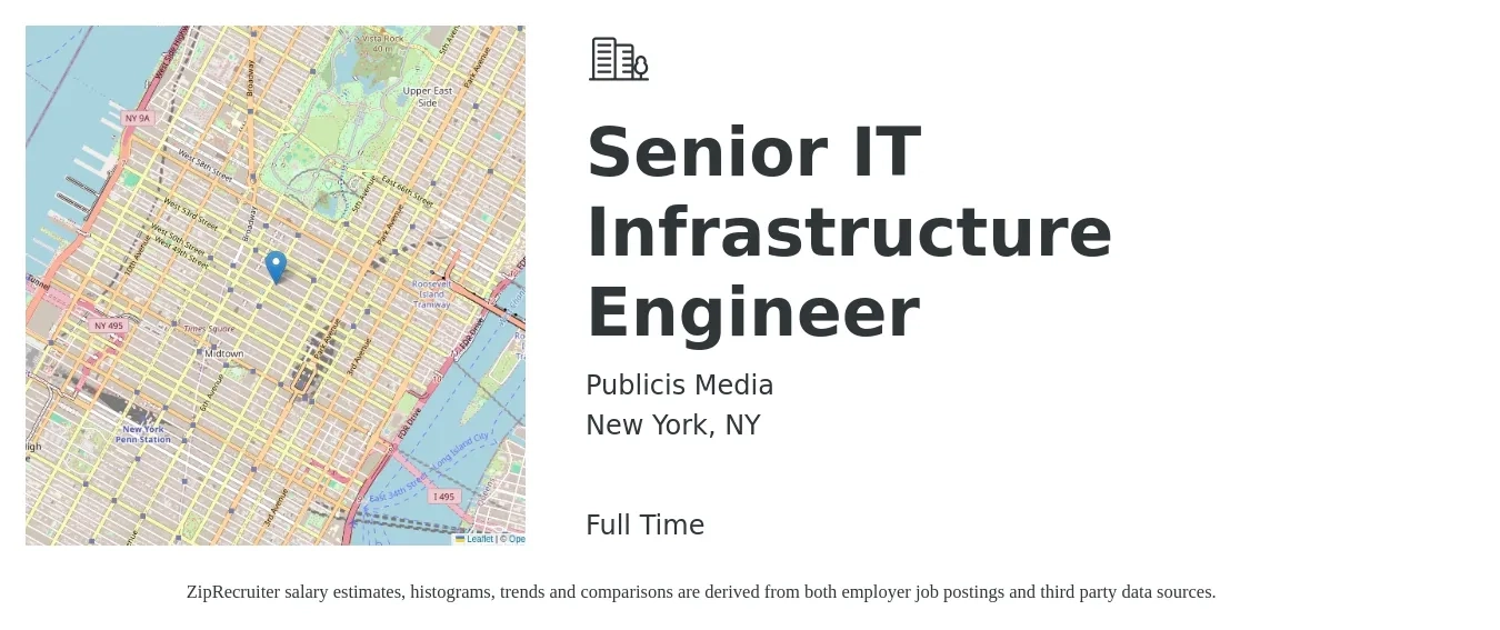 Publicis Media job posting for a Senior IT Infrastructure Engineer in New York, NY with a salary of $81,500 to $128,000 Yearly with a map of New York location.