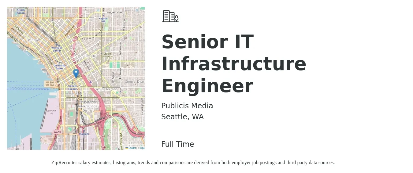 Publicis Media job posting for a Senior IT Infrastructure Engineer in Seattle, WA with a salary of $124,000 to $168,500 Yearly with a map of Seattle location.