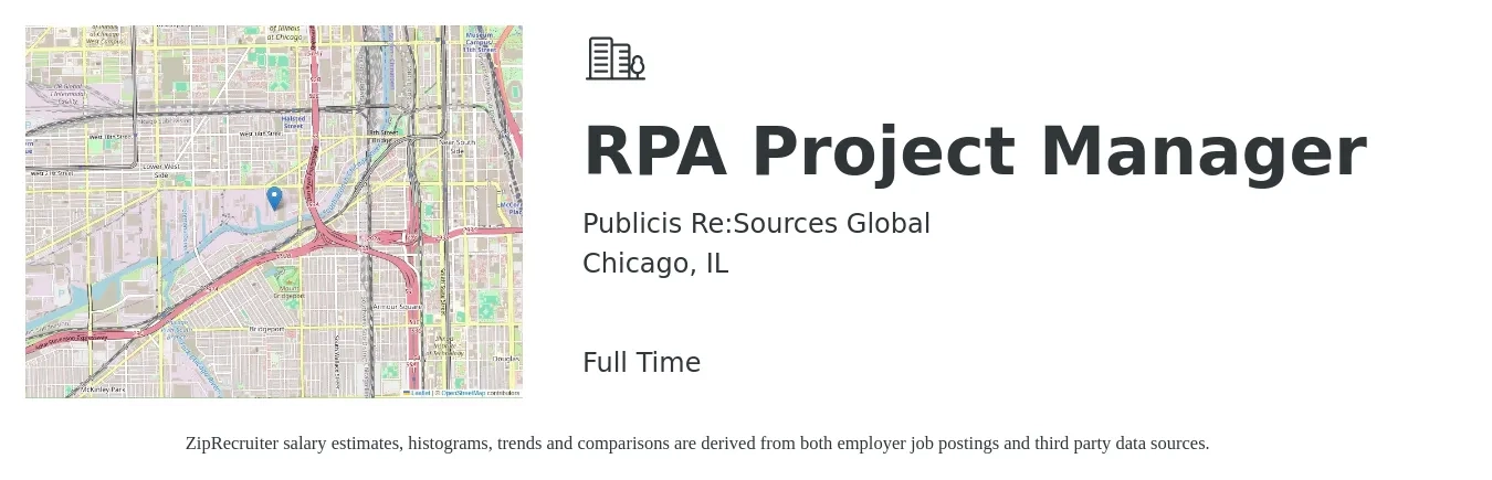 Publicis Re:Sources Global job posting for a RPA Project Manager in Chicago, IL with a salary of $80,900 to $126,800 Yearly with a map of Chicago location.