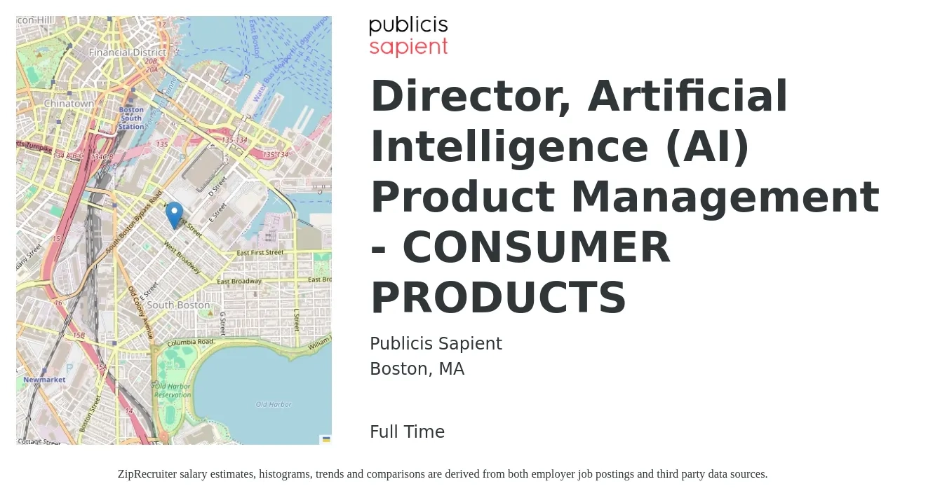 Publicis Sapient job posting for a Director, Artificial Intelligence (AI) Product Management - CONSUMER PRODUCTS in Boston, MA with a salary of $170,000 to $255,000 Yearly with a map of Boston location.