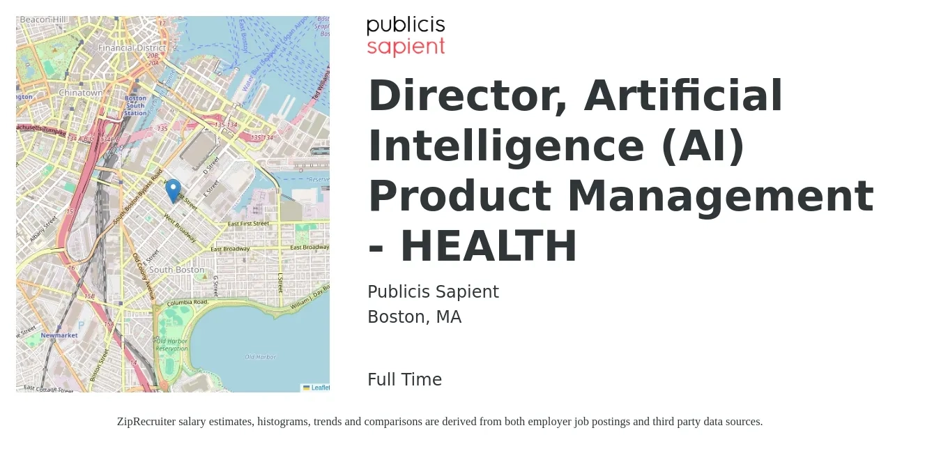 Publicis Sapient job posting for a Director, Artificial Intelligence (AI) Product Management - HEALTH in Boston, MA with a salary of $170,000 to $255,000 Yearly with a map of Boston location.