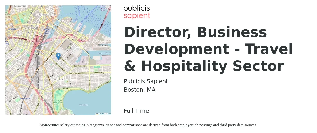 Publicis Sapient job posting for a Director, Business Development - Travel & Hospitality Sector in Boston, MA with a salary of $129,000 to $252,000 Yearly with a map of Boston location.