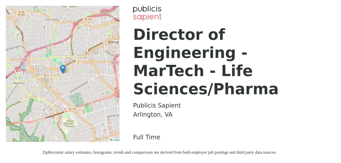 Publicis Sapient job posting for a Director of Engineering - MarTech - Life Sciences/Pharma in Arlington, VA with a salary of $170,500 to $283,500 Yearly with a map of Arlington location.