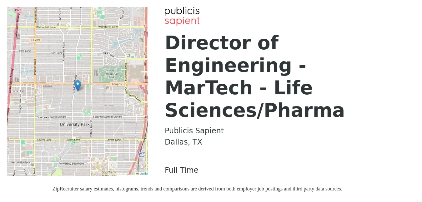 Publicis Sapient job posting for a Director of Engineering - MarTech - Life Sciences/Pharma in Dallas, TX with a salary of $146,500 to $243,500 Yearly with a map of Dallas location.