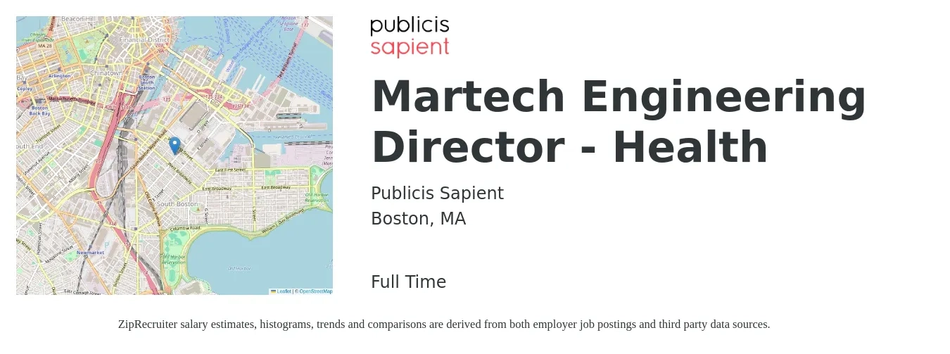 Publicis Sapient job posting for a Martech Engineering Director - Health in Boston, MA with a salary of $153,200 to $274,000 Yearly with a map of Boston location.