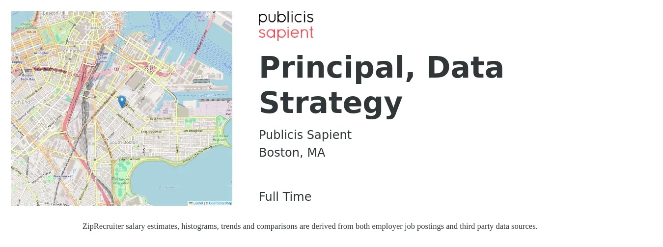 Publicis Sapient job posting for a Principal, Data Strategy in Boston, MA with a salary of $102,900 to $158,700 Yearly with a map of Boston location.