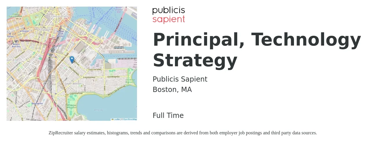 Publicis Sapient job posting for a Principal, Technology Strategy in Boston, MA with a salary of $150,000 to $230,000 Yearly with a map of Boston location.