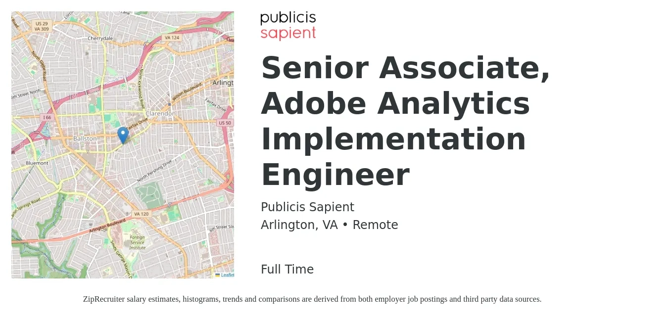 Publicis Sapient job posting for a Senior Associate, Adobe Analytics Implementation Engineer in Arlington, VA with a salary of $92,000 to $138,000 Yearly with a map of Arlington location.