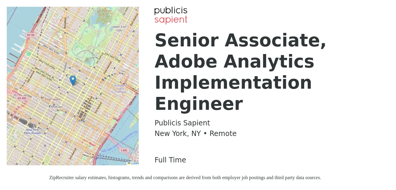 Publicis Sapient job posting for a Senior Associate, Adobe Analytics Implementation Engineer in New York, NY with a salary of $92,000 to $138,000 Yearly with a map of New York location.