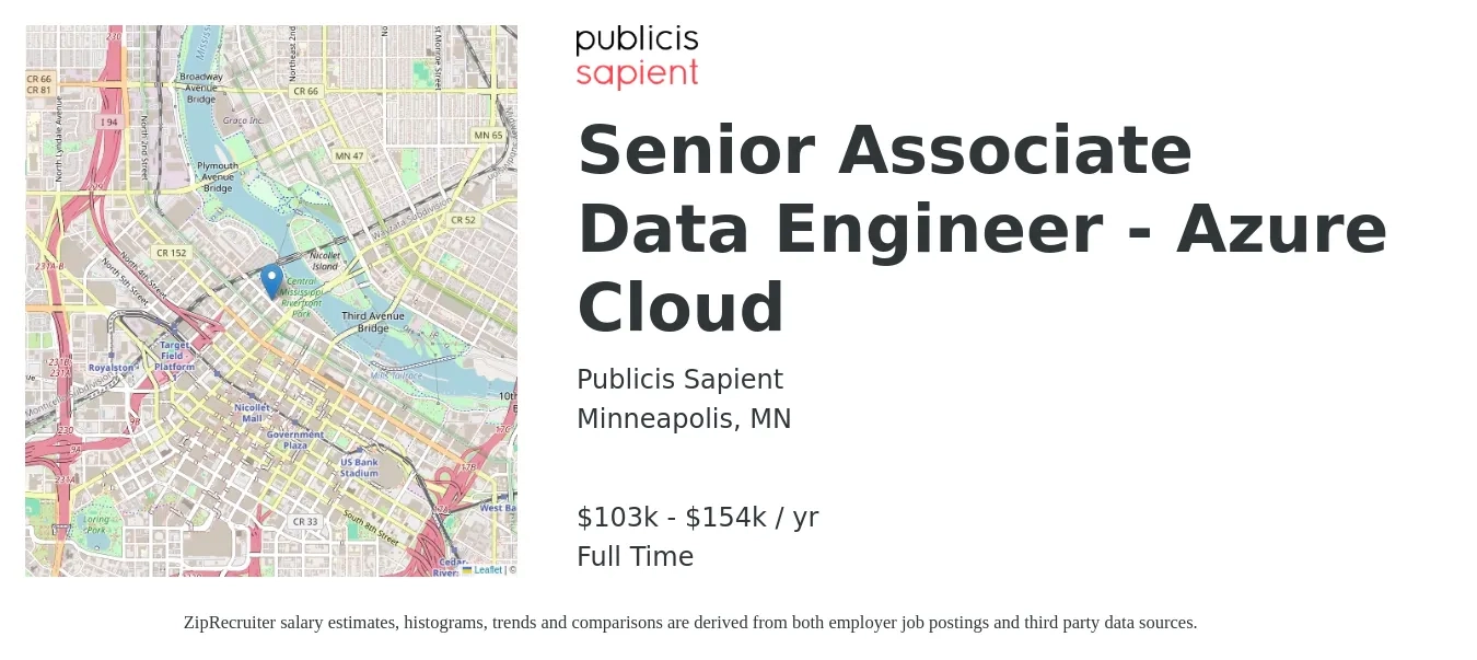 Publicis Sapient job posting for a Senior Associate Data Engineer - Azure Cloud in Minneapolis, MN with a salary of $103,000 to $154,000 Yearly with a map of Minneapolis location.