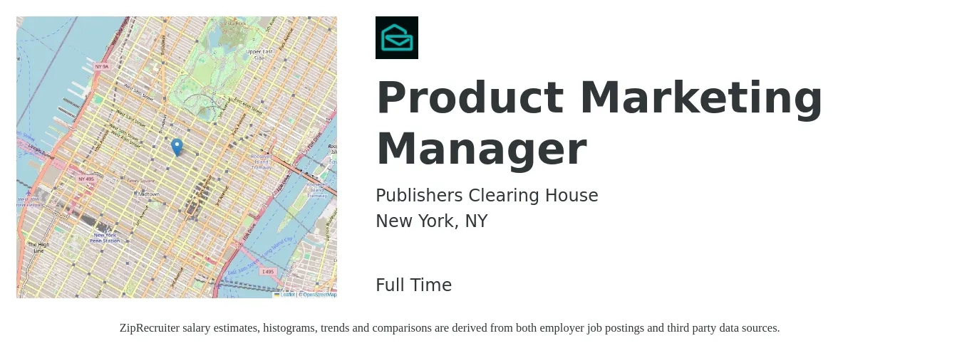 Publishers Clearing House job posting for a Product Marketing Manager in New York, NY with a salary of $168,500 Yearly with a map of New York location.