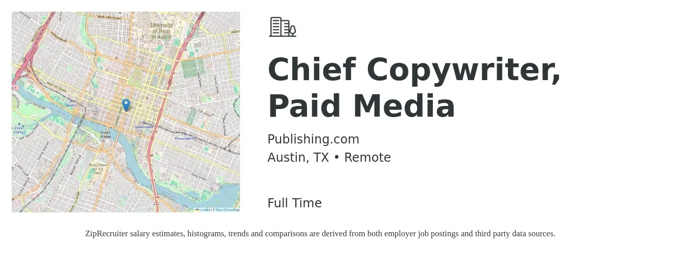 Publishing.com job posting for a Chief Copywriter, Paid Media in Austin, TX with a salary of $28 to $42 Hourly with a map of Austin location.