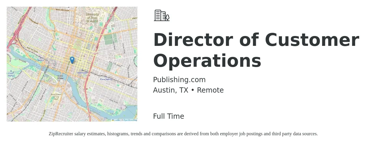Publishing.com job posting for a Director of Customer Operations in Austin, TX with a salary of $73,600 to $132,100 Yearly with a map of Austin location.
