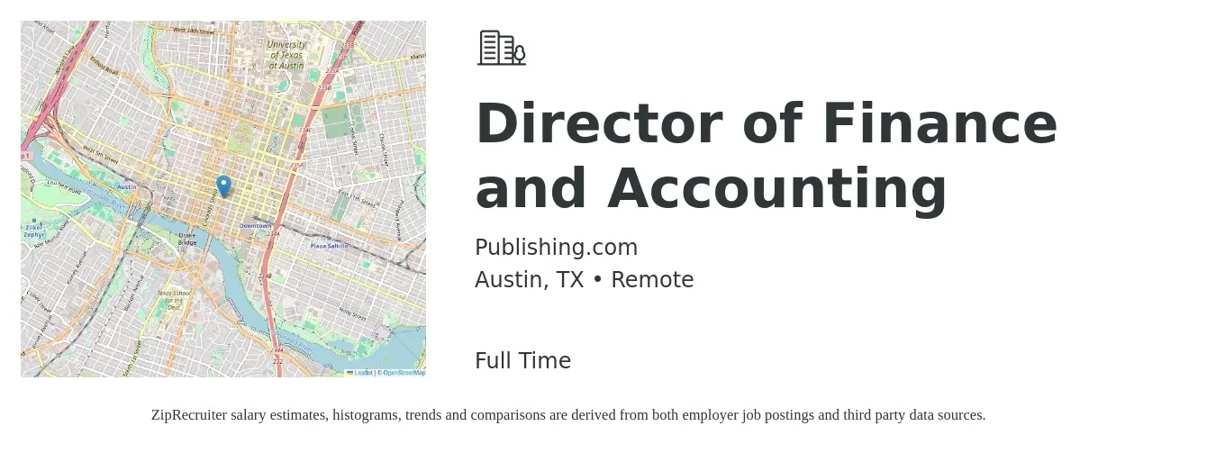 Publishing.com job posting for a Director of Finance and Accounting in Austin, TX with a salary of $98,000 to $149,200 Yearly with a map of Austin location.