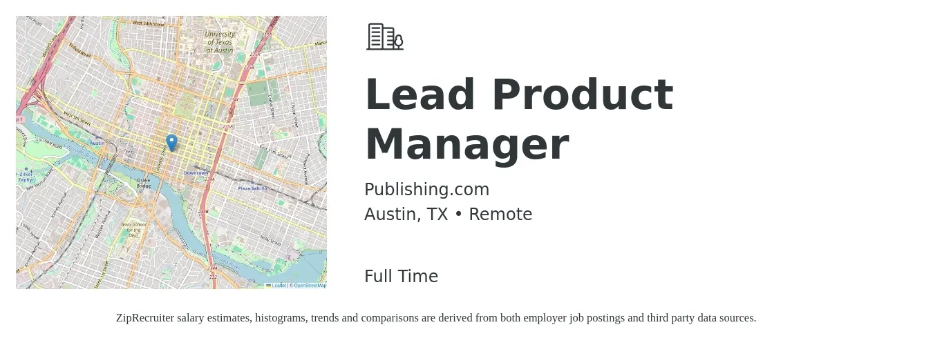 Publishing.com job posting for a Lead Product Manager in Austin, TX with a salary of $137,500 to $192,100 Yearly with a map of Austin location.