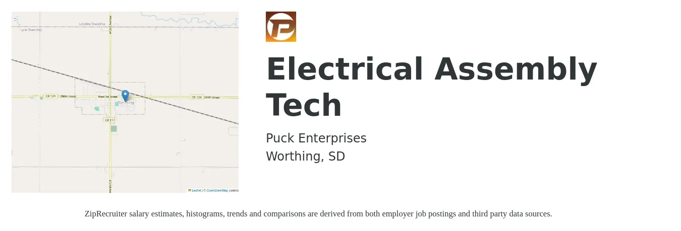 Puck Enterprises Inc job posting for a Electrical Assembly Tech in Worthing, SD with a salary of $18 to $22 Hourly with a map of Worthing location.
