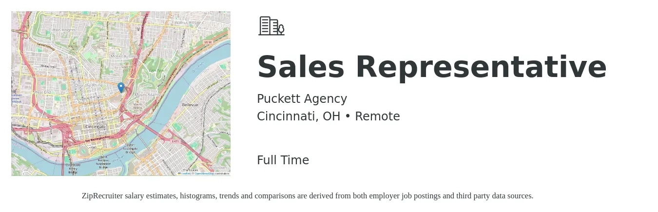 Puckett Agency job posting for a Sales Representative in Cincinnati, OH with a salary of $100,000 Yearly with a map of Cincinnati location.