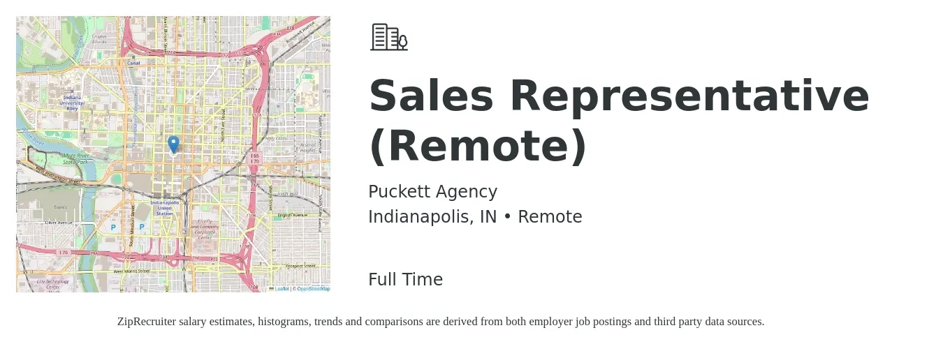 Puckett Agency job posting for a Sales Representative (Remote) in Indianapolis, IN with a salary of $100,000 Yearly with a map of Indianapolis location.