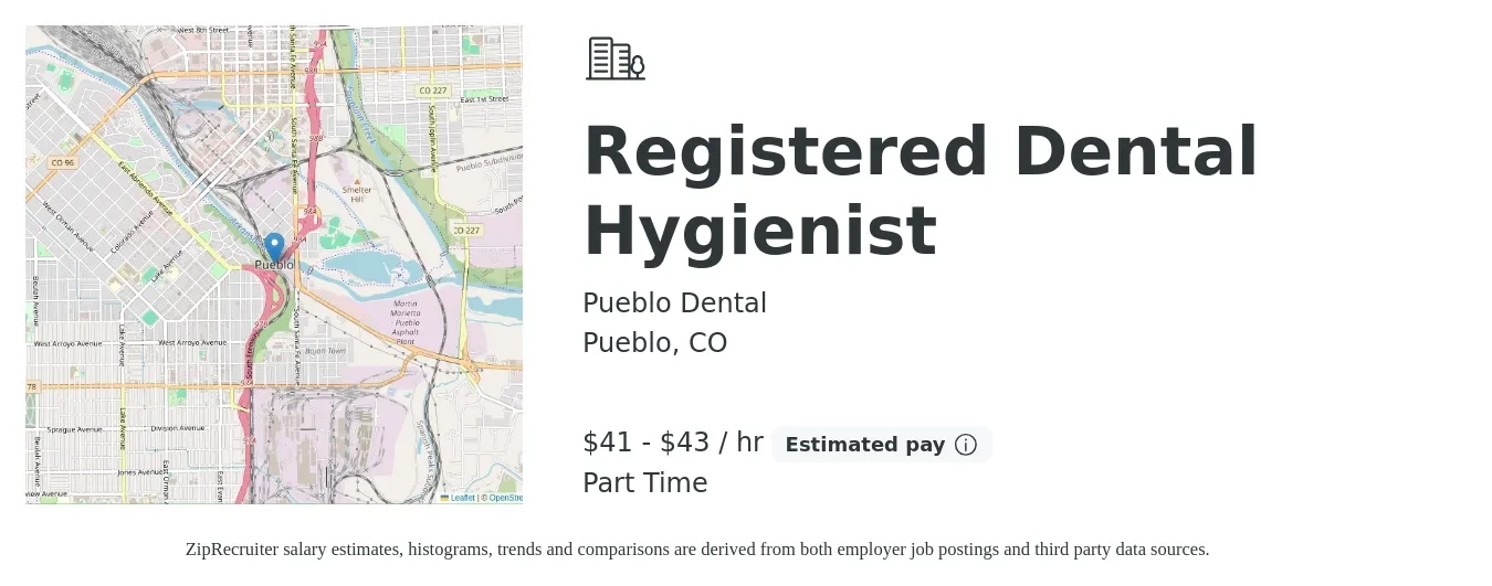 Pueblo Dental job posting for a Registered Dental Hygienist in Pueblo, CO with a salary of $43 to $45 Hourly and benefits including pto with a map of Pueblo location.