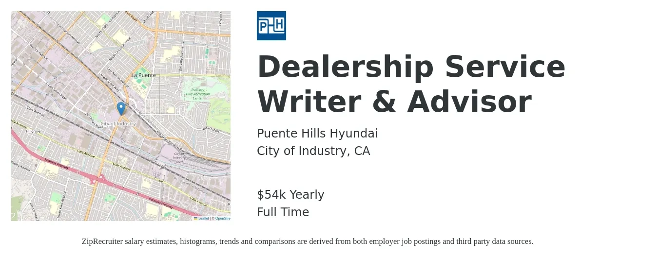Puente Hills Hyundai job posting for a Dealership Service Writer & Advisor in City of Industry, CA with a salary of $54,000 Yearly with a map of City of Industry location.