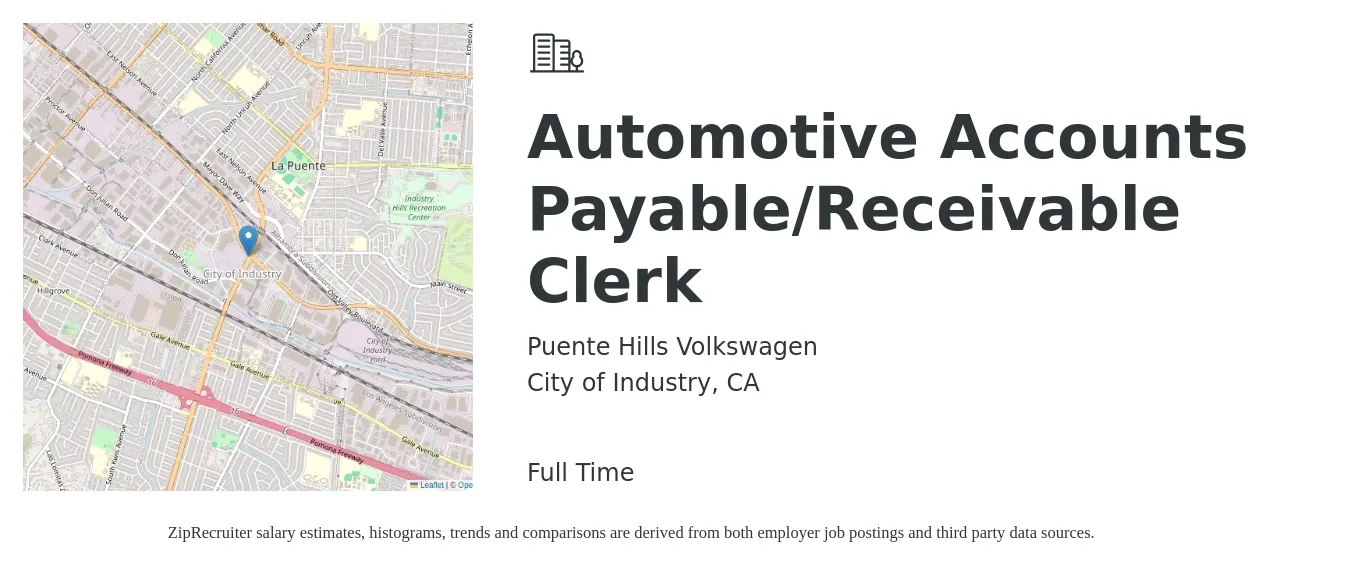 Puente Hills Volkswagen job posting for a Automotive Accounts Payable/Receivable Clerk in City of Industry, CA with a salary of $20 to $25 Hourly with a map of City of Industry location.
