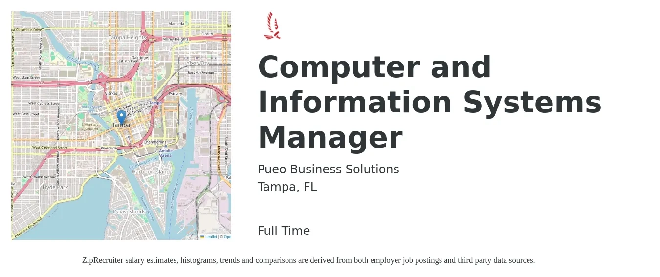 Pueo Business Solutions job posting for a Computer and Information Systems Manager in Tampa, FL with a salary of $149,400 to $163,000 Yearly with a map of Tampa location.