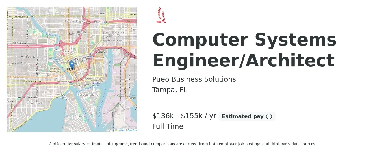 Pueo Business Solutions job posting for a Computer Systems Engineer/Architect in Tampa, FL with a salary of $136,000 to $155,000 Yearly with a map of Tampa location.