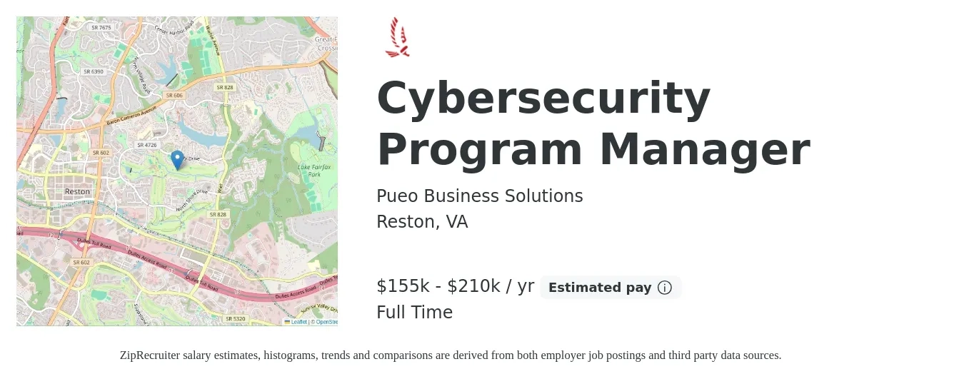 Pueo Business Solutions job posting for a Cybersecurity Program Manager in Reston, VA with a salary of $155,000 to $210,000 Yearly with a map of Reston location.