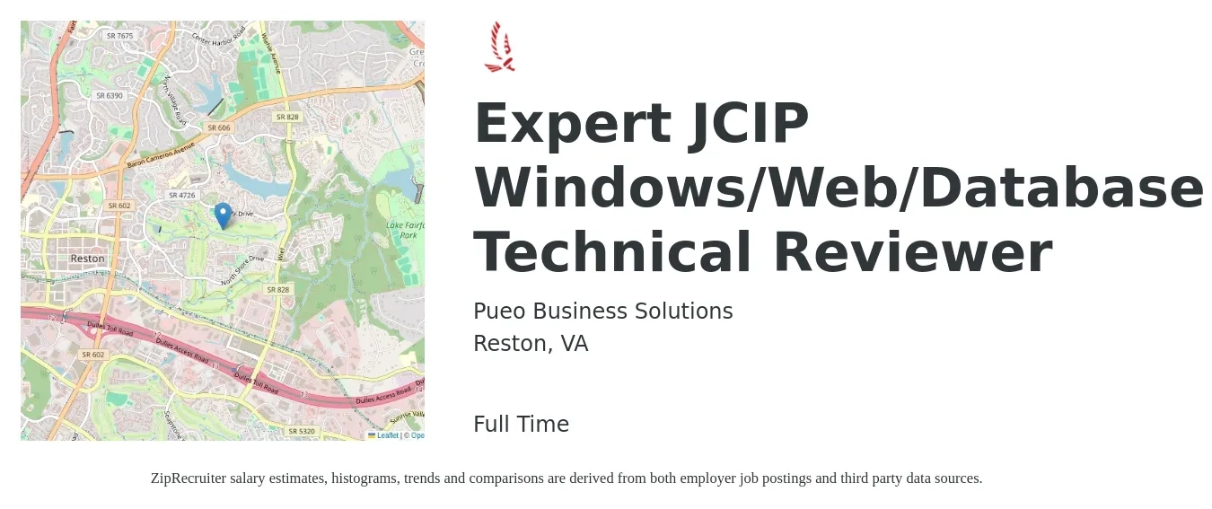 Pueo Business Solutions job posting for a Expert JCIP Windows/Web/Database Technical Reviewer in Reston, VA with a salary of $16 to $39 Hourly with a map of Reston location.