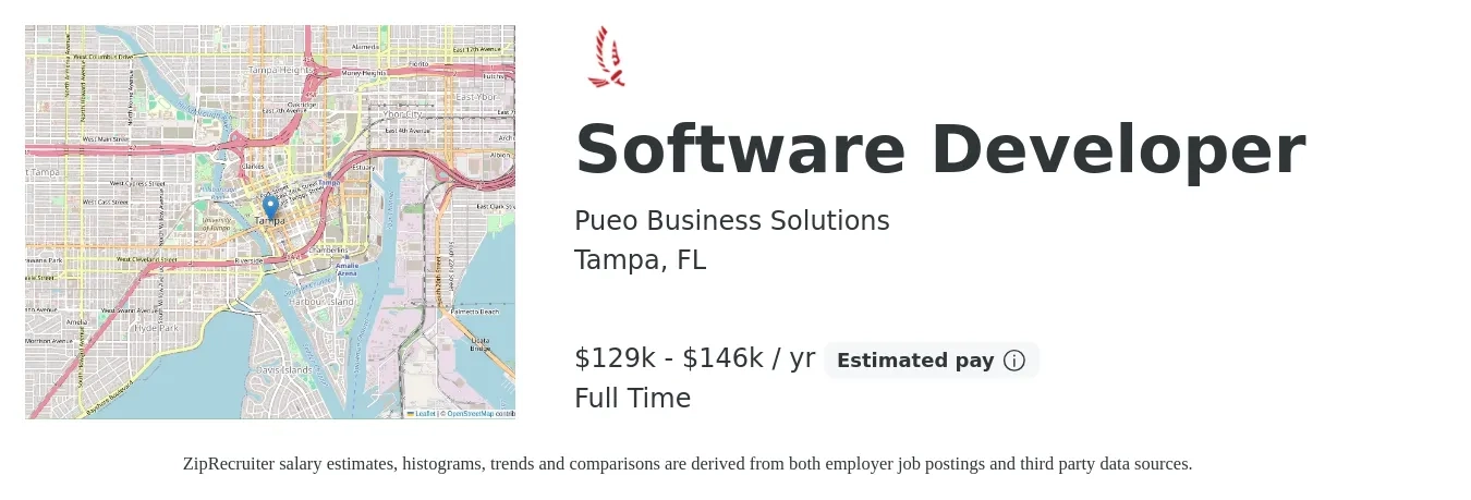 Pueo Business Solutions job posting for a Software Developer in Tampa, FL with a salary of $129,000 to $146,000 Yearly with a map of Tampa location.