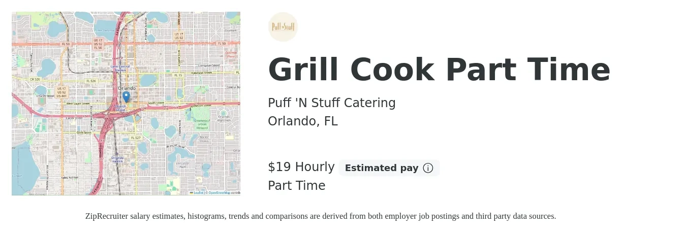 Puff 'N Stuff Catering job posting for a Grill Cook Part Time in Orlando, FL with a salary of $20 Hourly with a map of Orlando location.