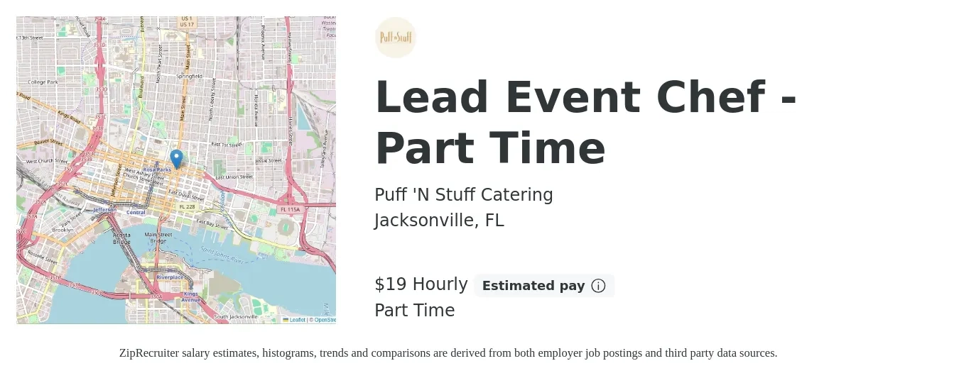 Puff 'N Stuff Catering job posting for a Lead Event Chef - Part Time in Jacksonville, FL with a salary of $20 Hourly with a map of Jacksonville location.