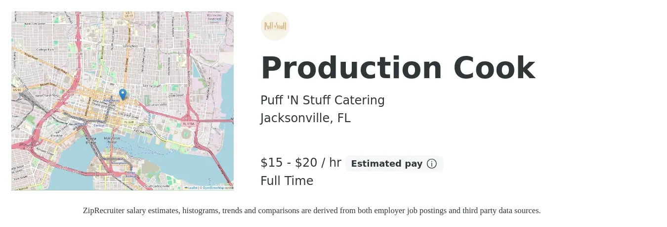 Puff 'N Stuff Catering job posting for a Production Cook in Jacksonville, FL with a salary of $16 to $21 Hourly with a map of Jacksonville location.
