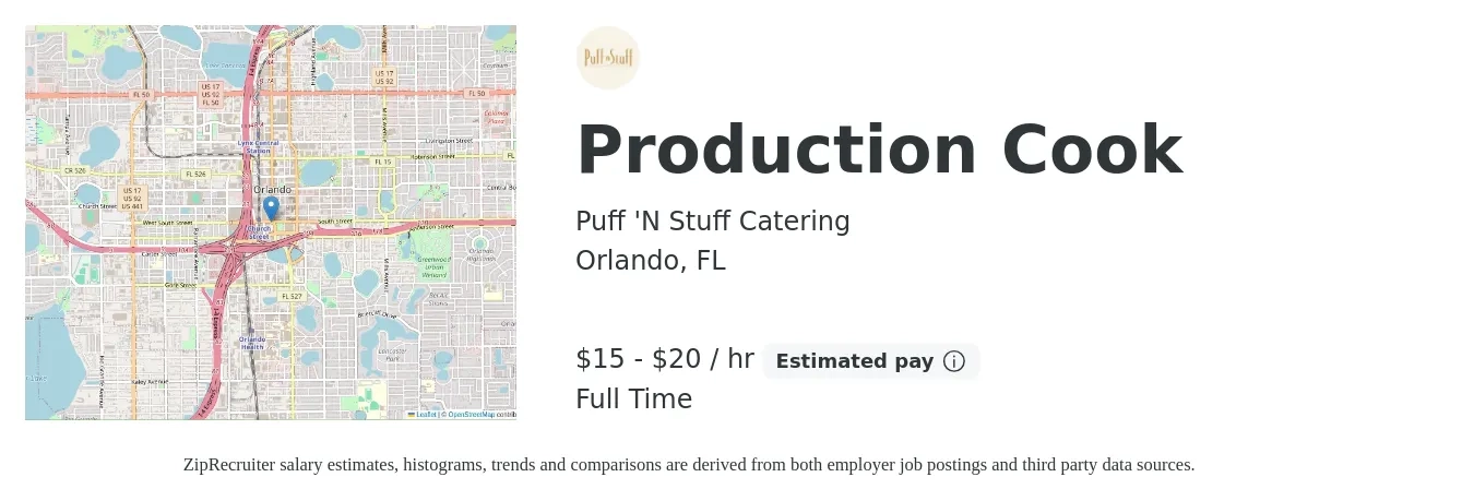 Puff 'N Stuff Catering job posting for a Production Cook in Orlando, FL with a salary of $16 to $21 Hourly with a map of Orlando location.