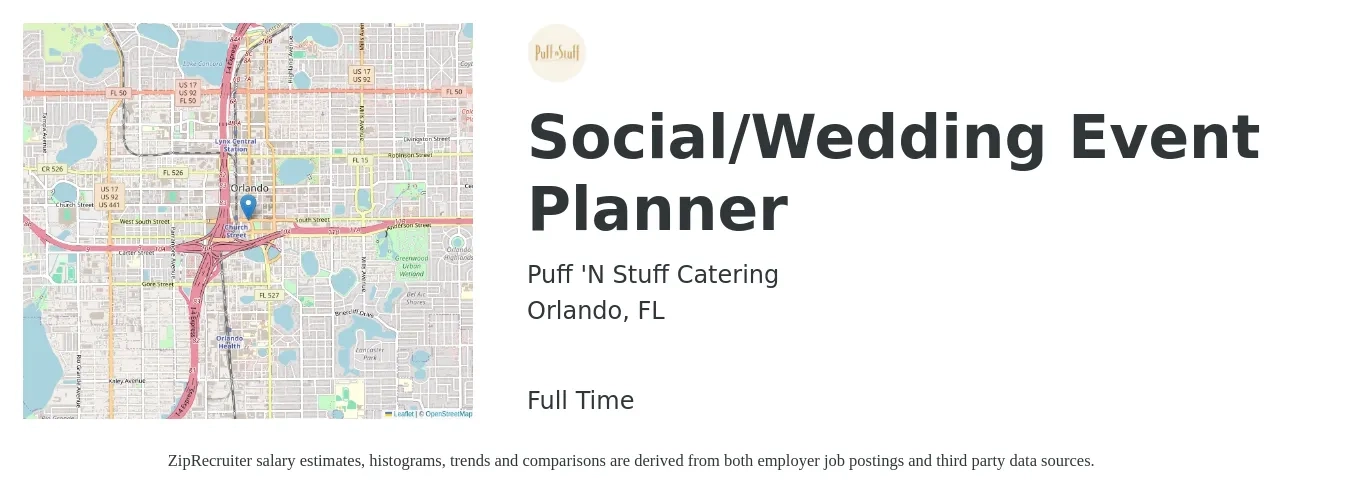 Puff 'N Stuff Catering job posting for a Social/Wedding Event Planner in Orlando, FL with a salary of $23 to $34 Hourly with a map of Orlando location.