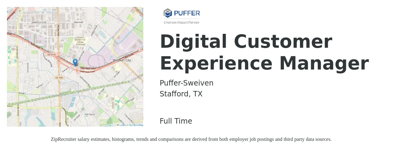 Puffer-Sweiven job posting for a Digital Customer Experience Manager in Stafford, TX with a salary of $60,500 to $99,700 Yearly with a map of Stafford location.